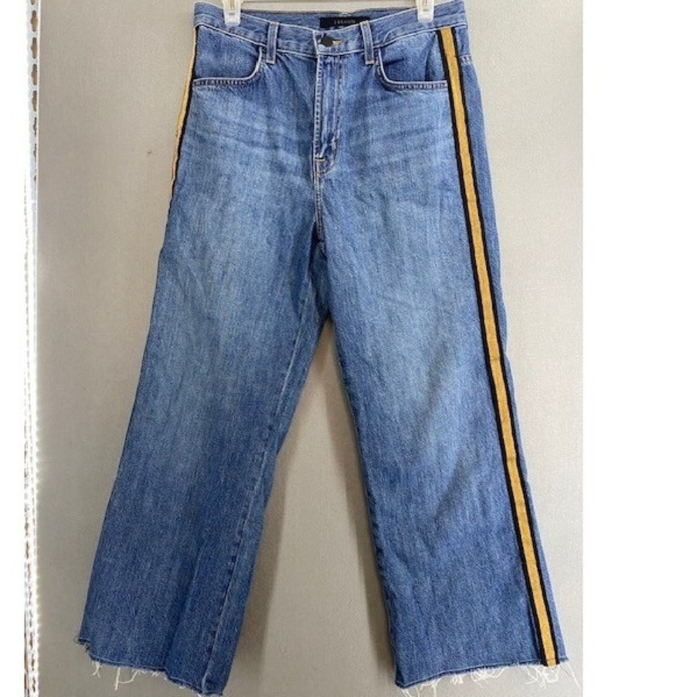 J Brand Women's 28 Joan Crop Wide Leg Jeans Denim Gold Striped Raw Hem